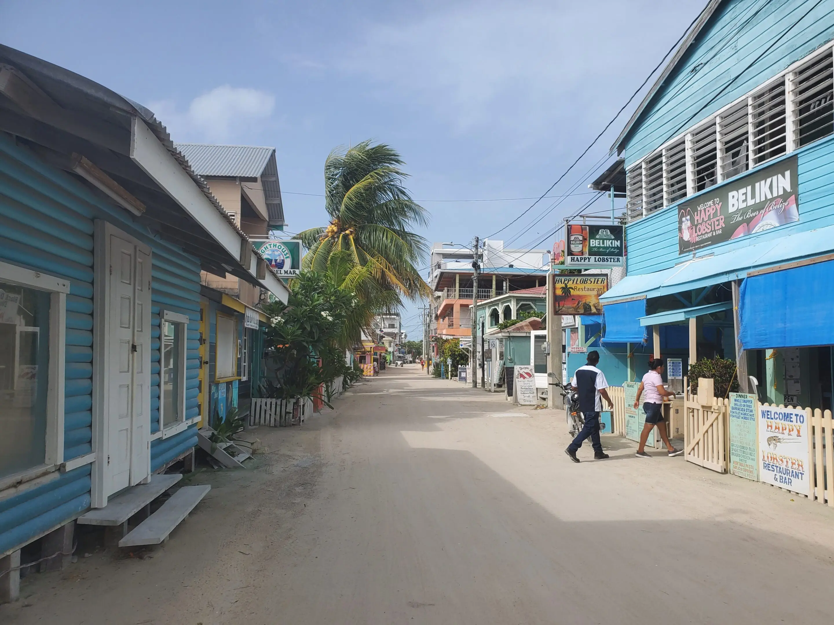 A street with many shops and people walking on it.