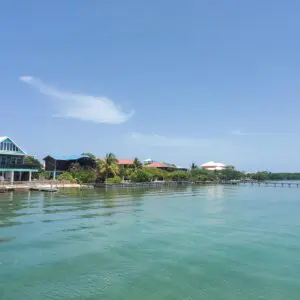 A view of houses from the water.