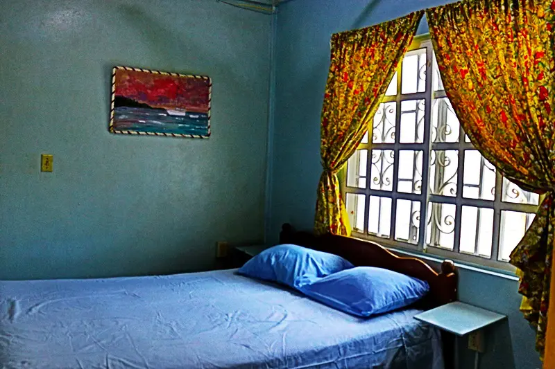 A bedroom with blue walls and a bed