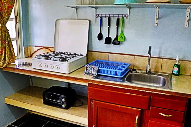 A kitchen with a sink, stove and microwave.