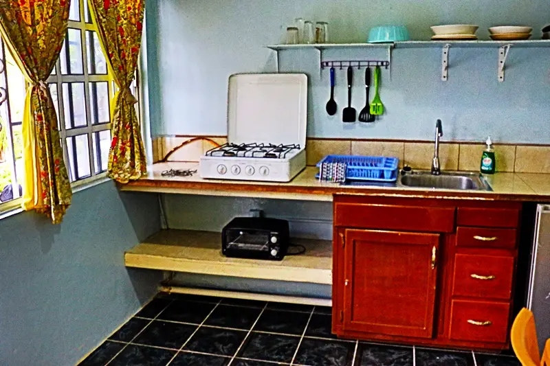 A kitchen with a stove and shelves in it