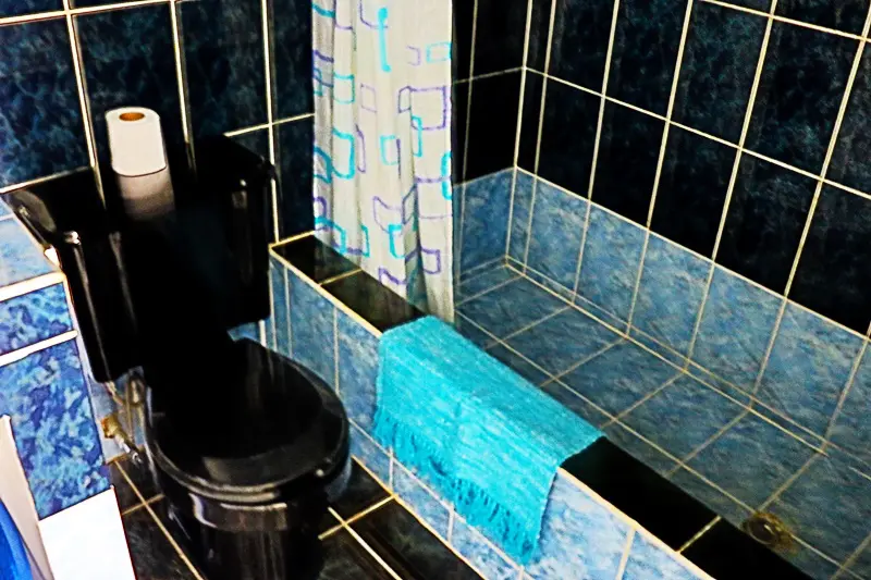 A bathroom with blue tile and black toilet.