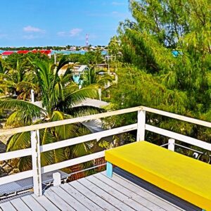 A bench on the deck of a house overlooking palm trees.