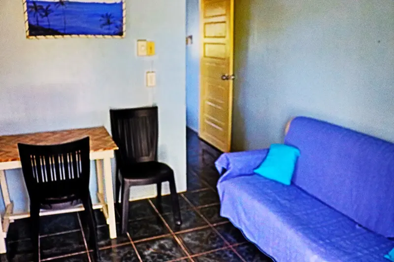 A living room with blue walls and black chairs.