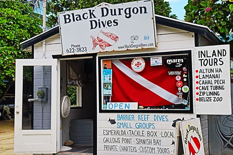 A sign for black durgon dives in front of the building.