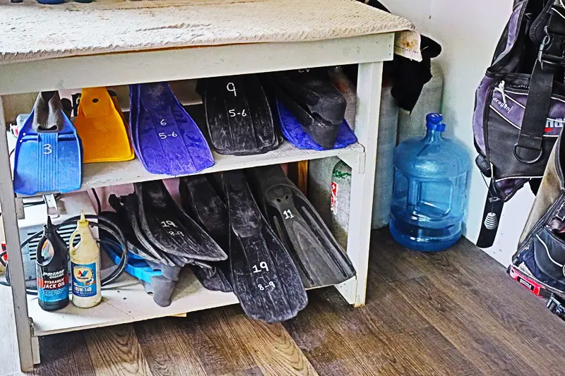 A shelf with several pairs of scuba fins on it.