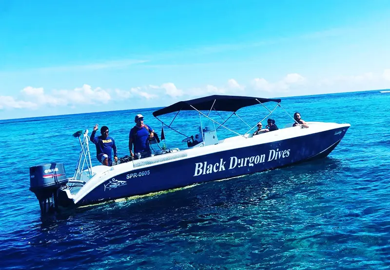 A boat with people on it in the ocean.