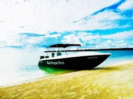 A boat is sitting on the beach in front of some water.