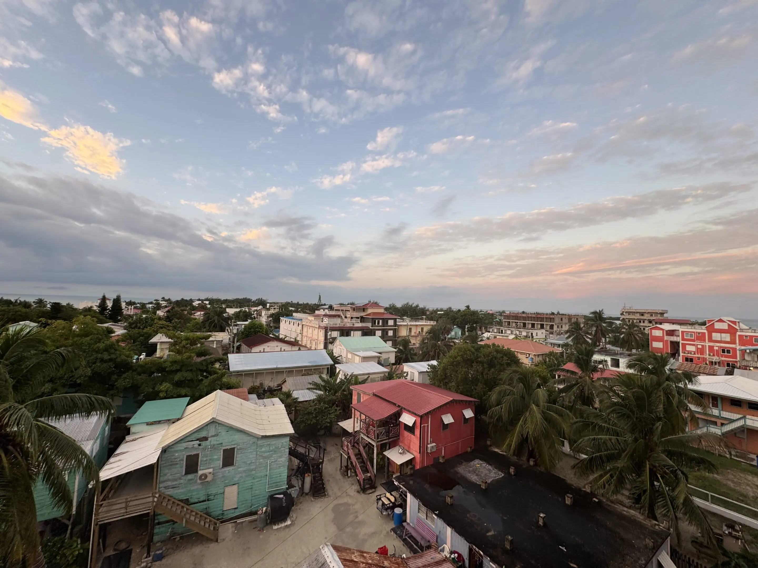 A view of houses and buildings from above.