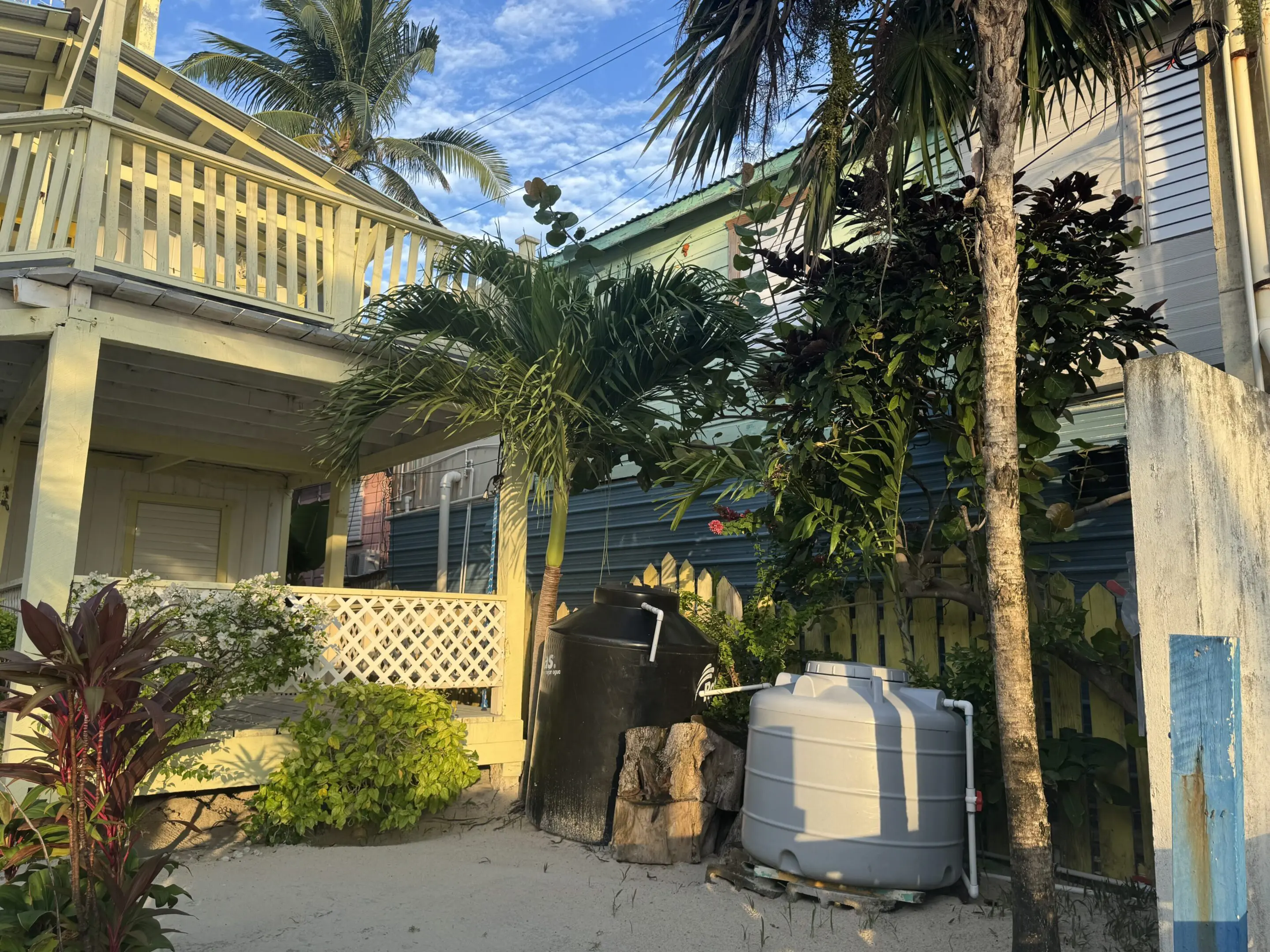 A trash can and garbage cans in front of a house.