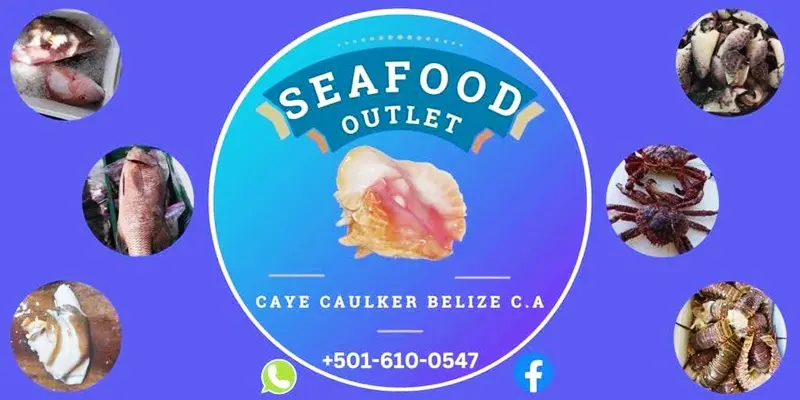 A blue sign with the words seafood outlet on it.