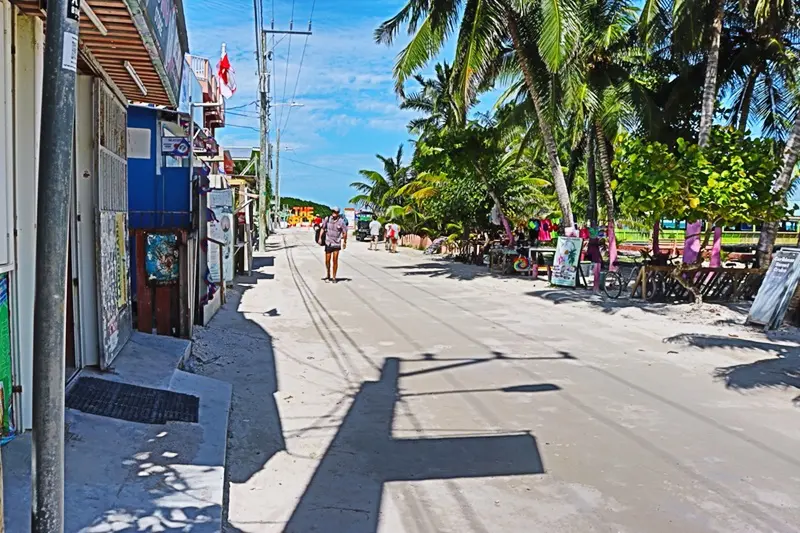 A street with palm trees and people walking on it.