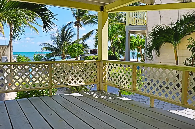 A porch with a view of the ocean and palm trees.