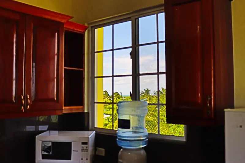 A kitchen with a microwave and a window