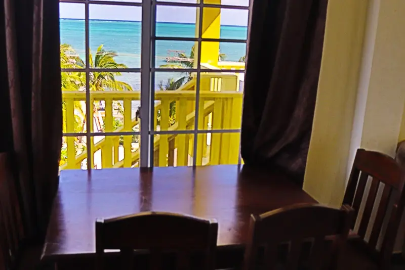 A view of the ocean from inside a room.