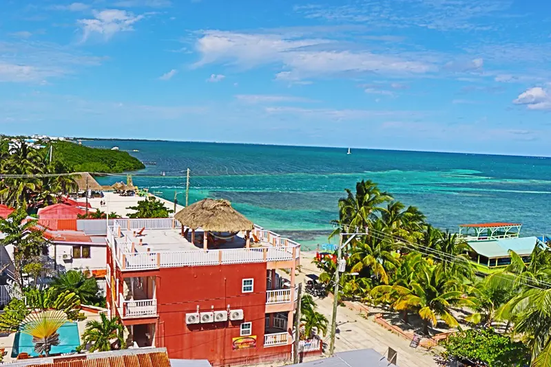 A red building on the beach with palm trees in front of it.