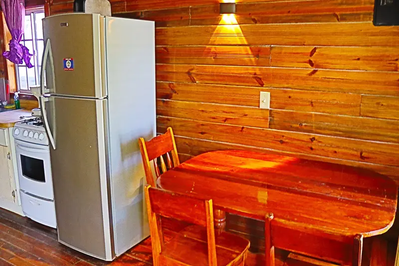 A kitchen with wooden walls and a refrigerator.