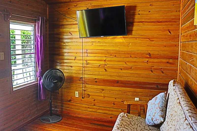 A bedroom with wood paneling and a fan.