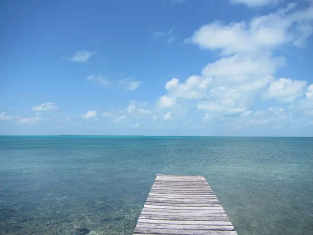 A dock in the middle of an ocean under a blue sky.