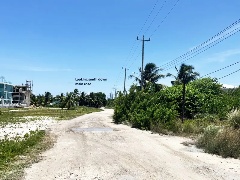 A dirt road with power lines and trees in the background.