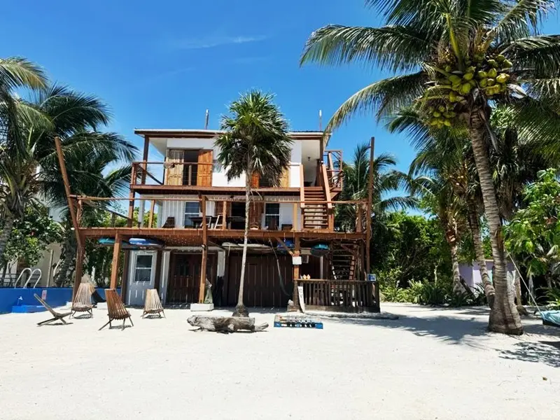 A beach front house with palm trees and chairs.