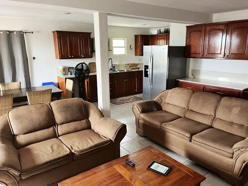 A living room with two couches and a table