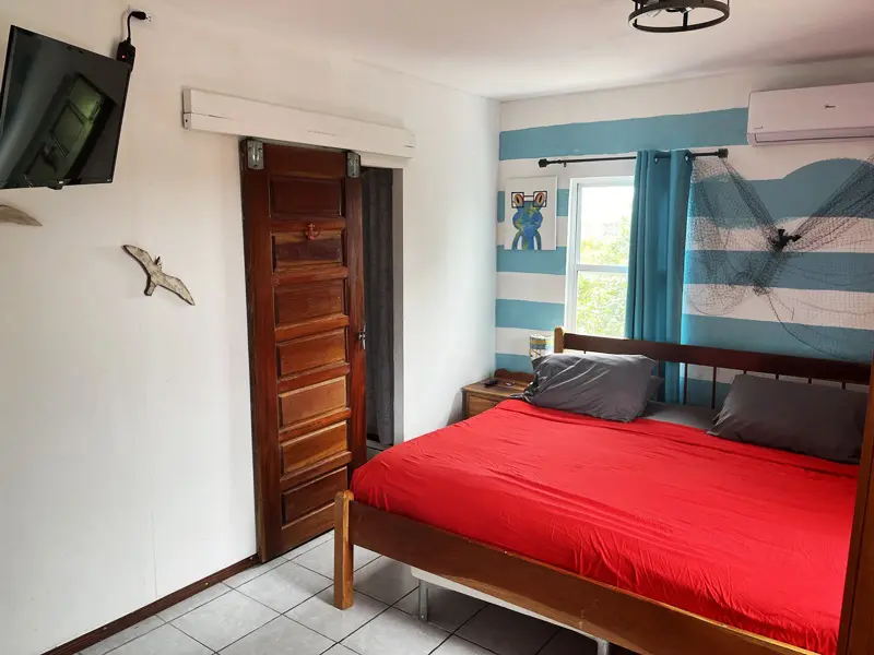 A bedroom with a red bed and blue walls