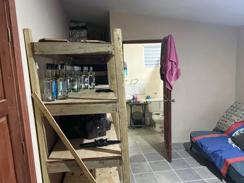 A room with shelves and a bed in it