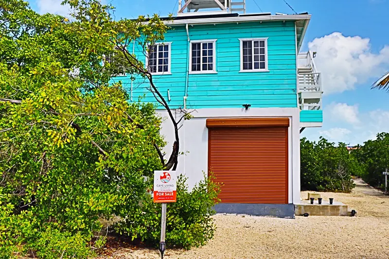 A blue house with a tree in front of it.