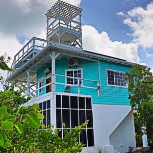 A blue and white building with stairs going up it.