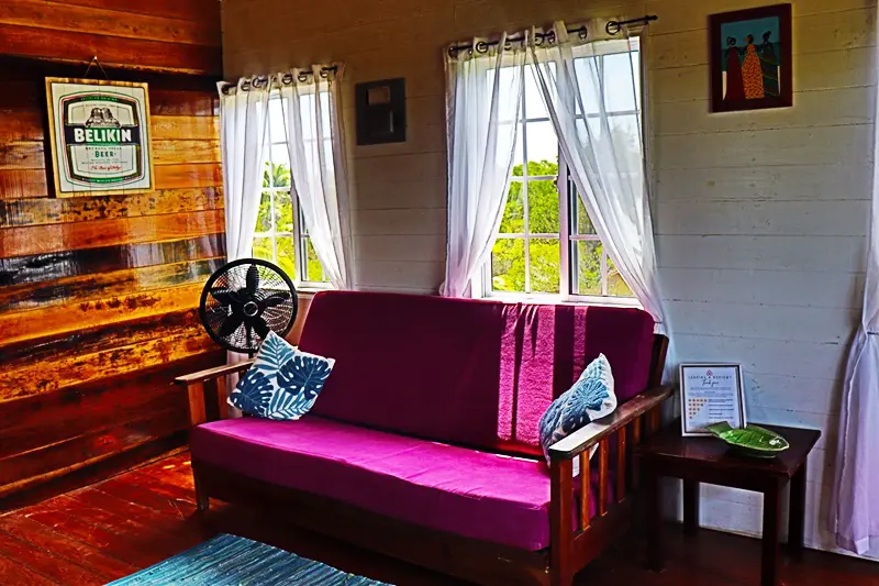 A pink couch in front of two windows.