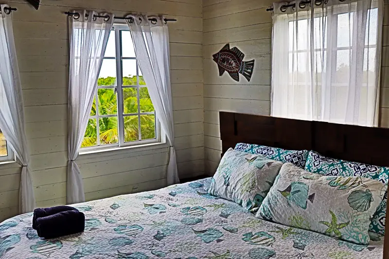 A bedroom with a bed and two windows.