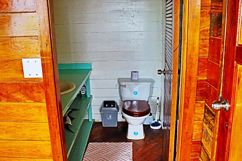 A bathroom with wood floors and wooden walls.