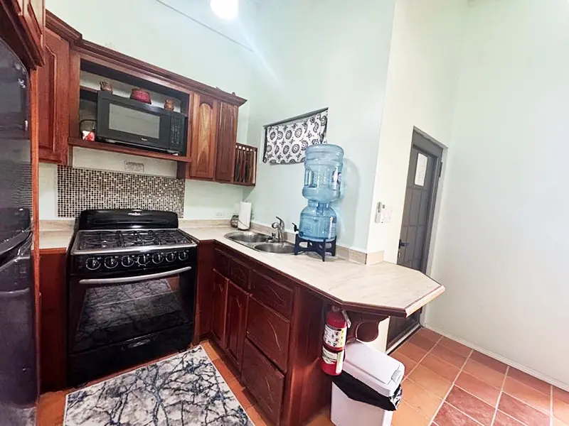 A kitchen with a stove, microwave and sink.