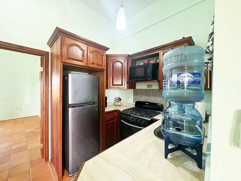 A kitchen with wooden cabinets and a refrigerator.