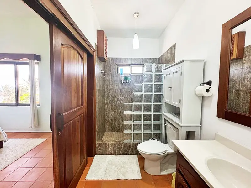 A bathroom with a toilet, sink and shower.