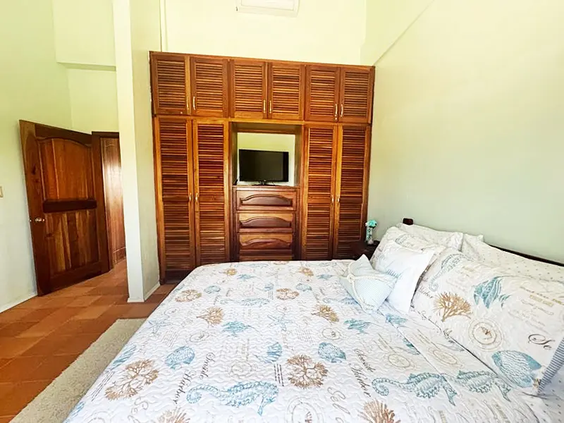 A bedroom with a bed, tv and cabinets.